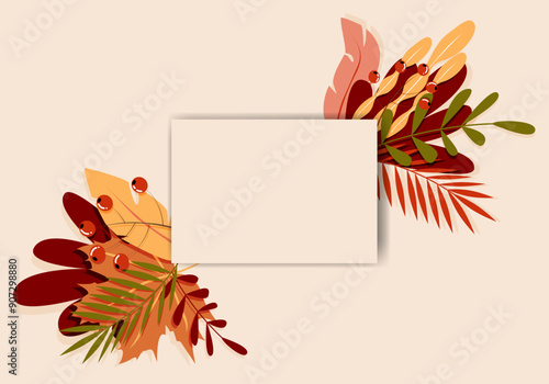 Vector illustration. Autumn illustration in flat style with copy space for text. Floral and leafy prints for greeting cards, posters, banners, posters and covers, blogging and promotional items.