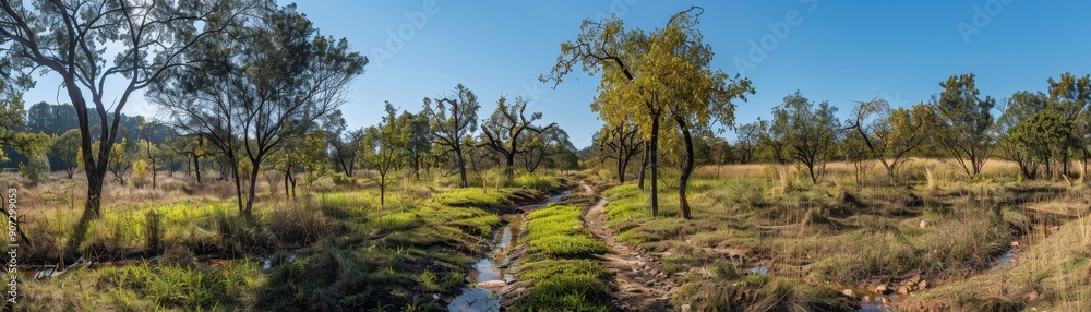 A lush green field with a small stream running through it A lush green field with a small stream running through it