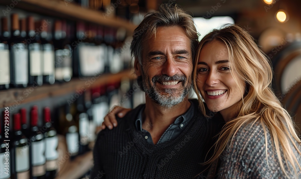 A happy couple is enjoying a red wine tasting experience at a winery. A happy couple is enjoying a red wine tasting experience at a winery.