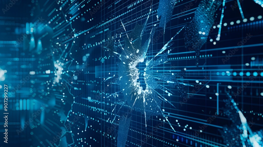 Obraz premium Fragmented Digital Interface with Glitching Cracks and Malfunctioning System Concept