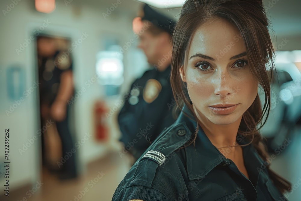 Fototapeta premium A woman in a police uniform stands in front of two other police officers