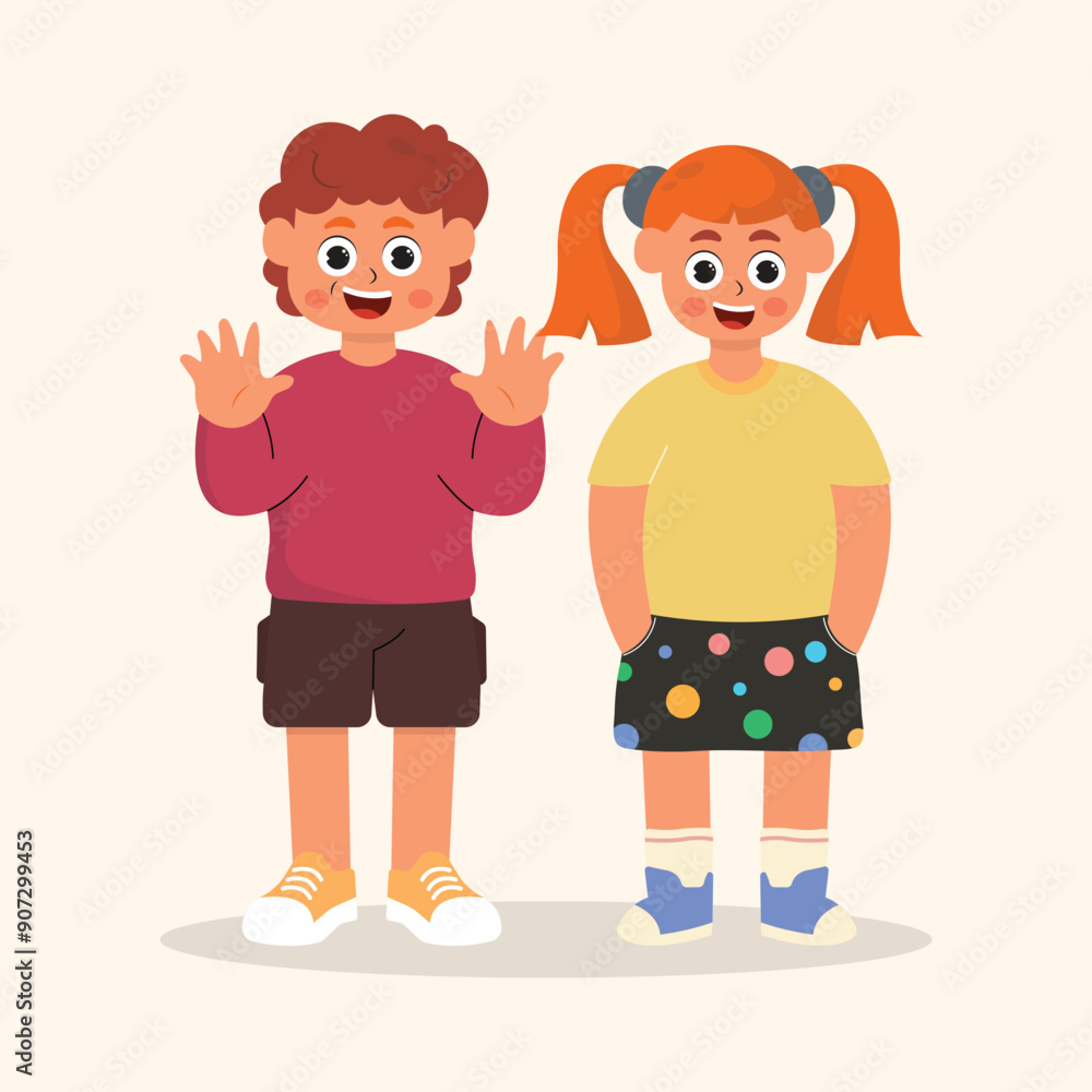 illustration of children raising their hands and putting their hands in their pockets, flat illustration character illustration of children raising their hands and putting their hands in their pockets, flat illustration character