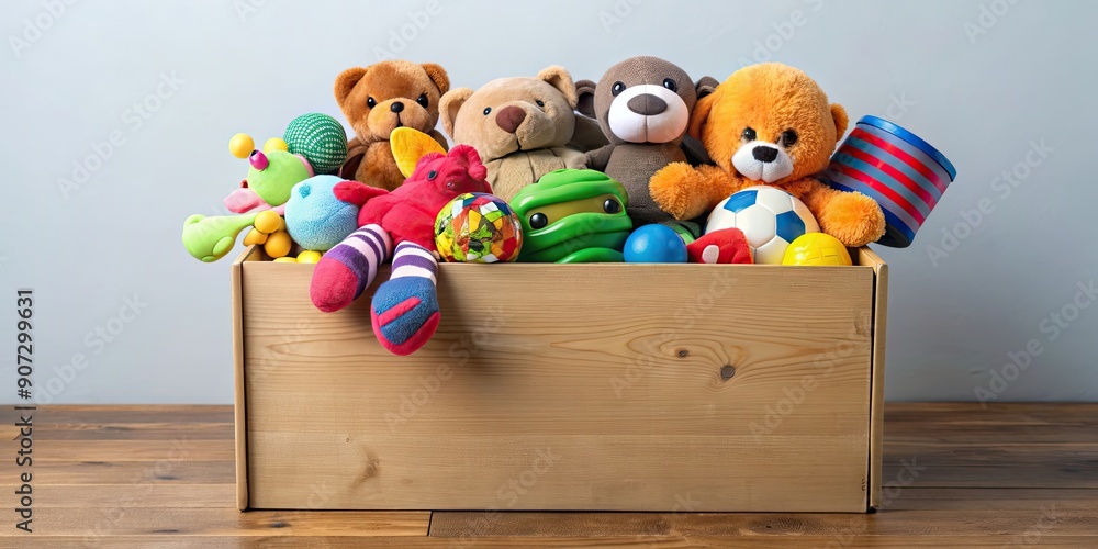 Charity donation box filled with an abundance of toys , overflowing, generosity, charity, donating, toys, giving