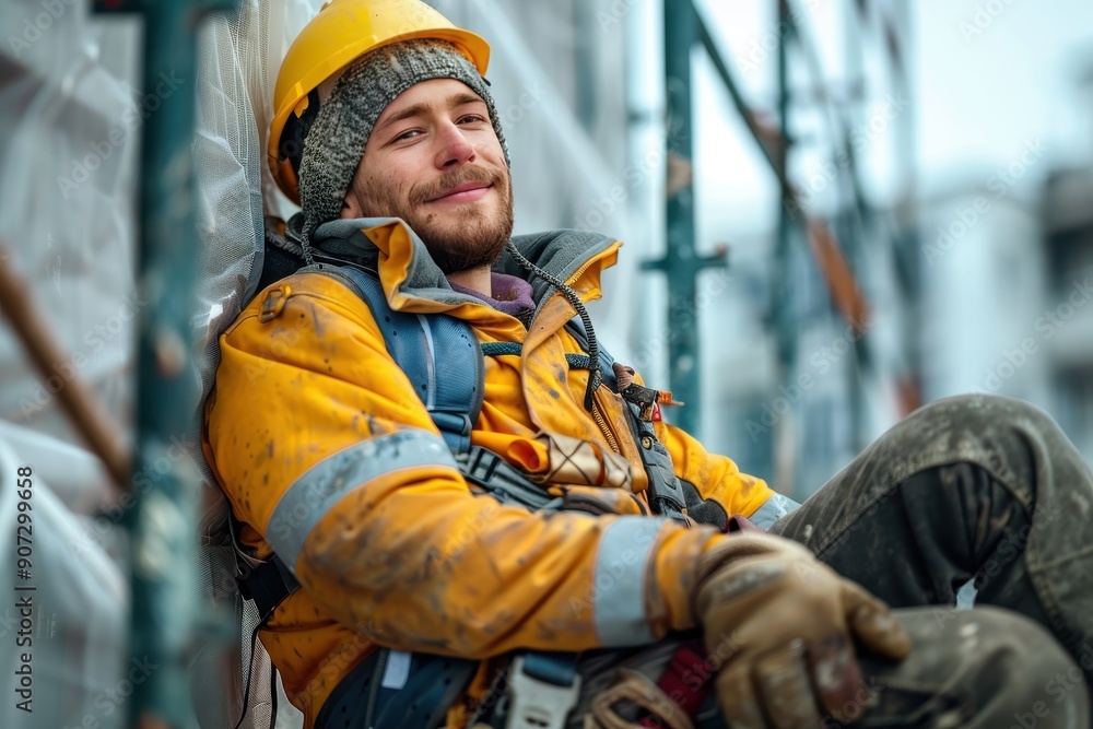 A man in a yellow jacket is smiling and sitting on a scaffolding A man in a yellow jacket is smiling and sitting on a scaffolding