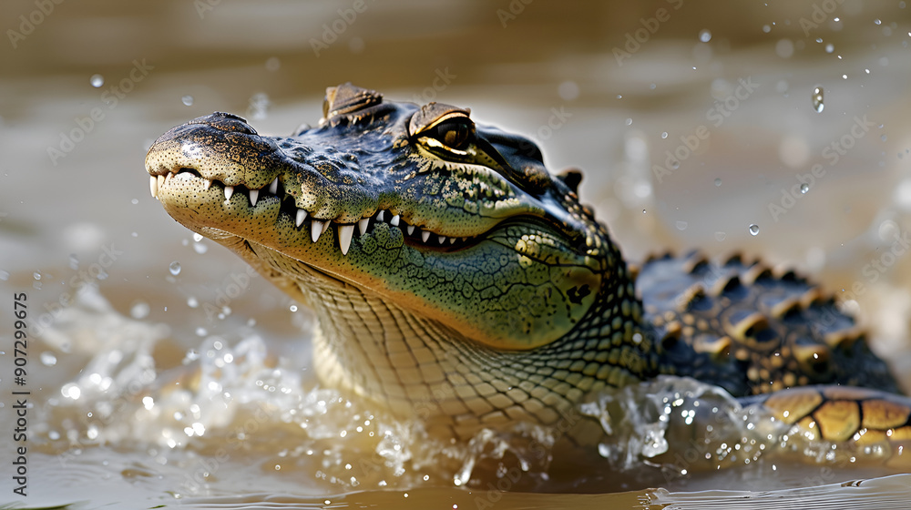 Obraz premium A terrifying crocodile emerging from a murky swamp .