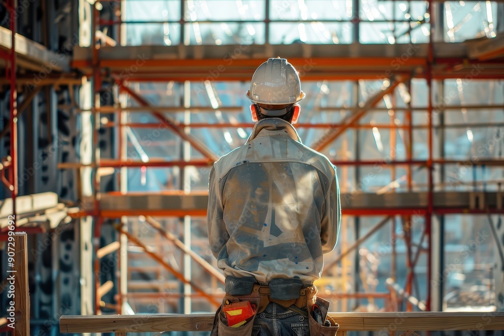 Fototapeta premium A construction worker wearing a hard hat and safety vest stands on a scaffolding