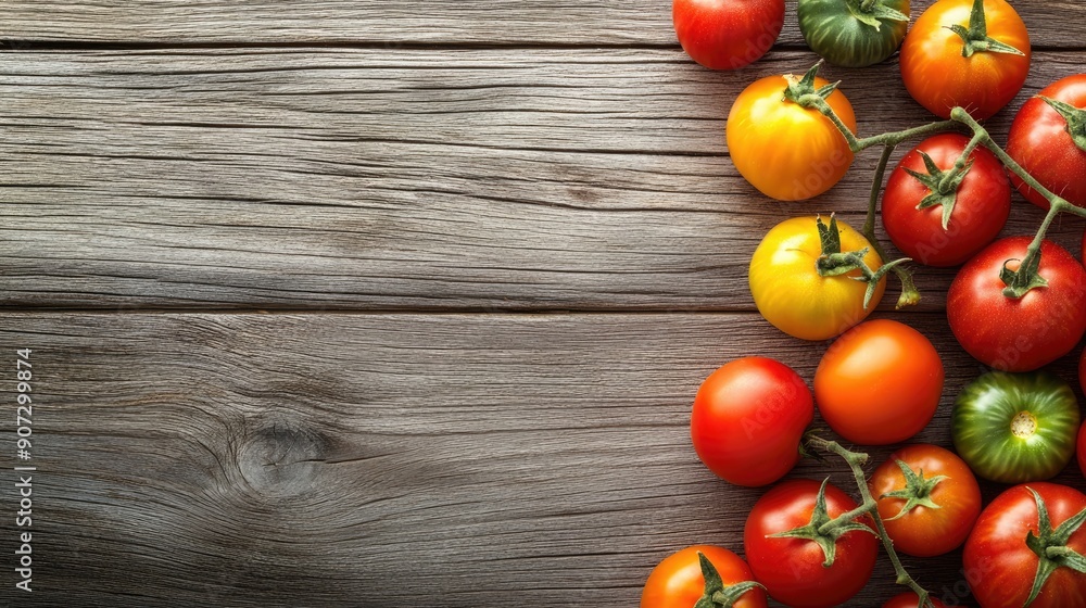Different kinds of tomatoes displayed on a rough wooden table, providing room for ad content. Different kinds of tomatoes displayed on a rough wooden table, providing room for ad content.