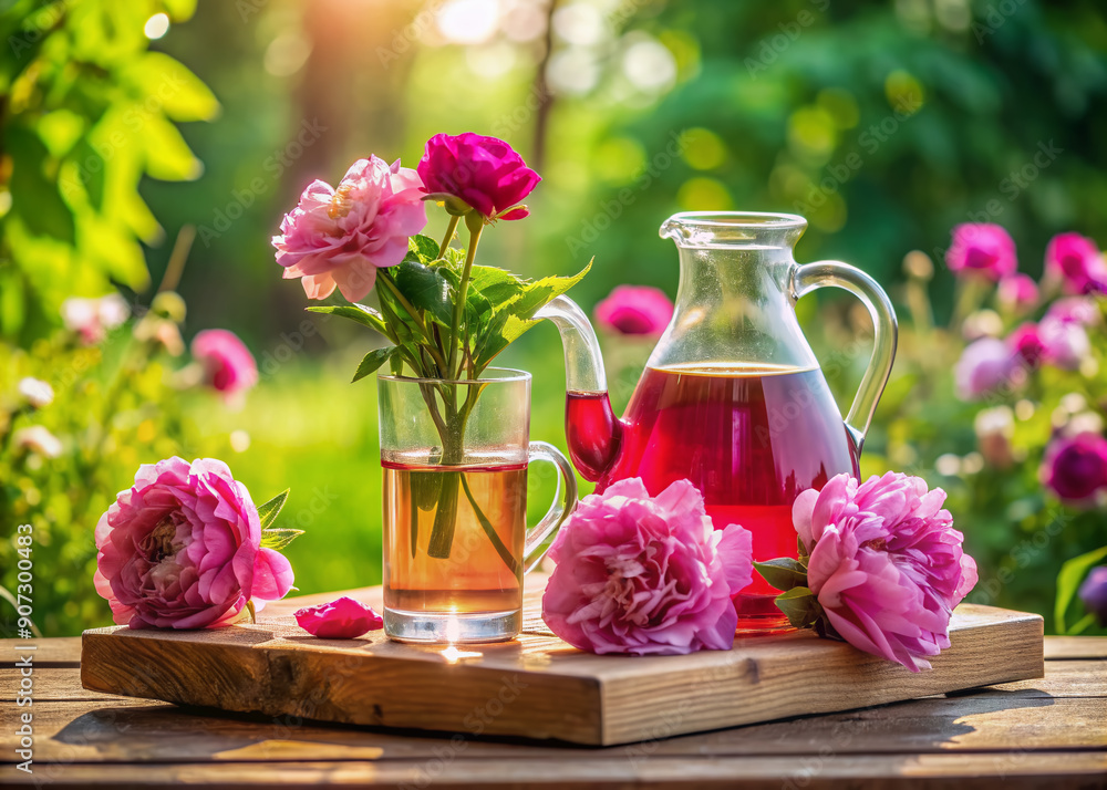 Vibrant still life capturing essence of outdoor summer celebration with rose wine, peonies, and jug on wooden tray against softly blurred garden background. Vibrant still life capturing essence of outdoor summer celebration with rose wine, peonies, and jug on wooden tray against softly blurred garden background.