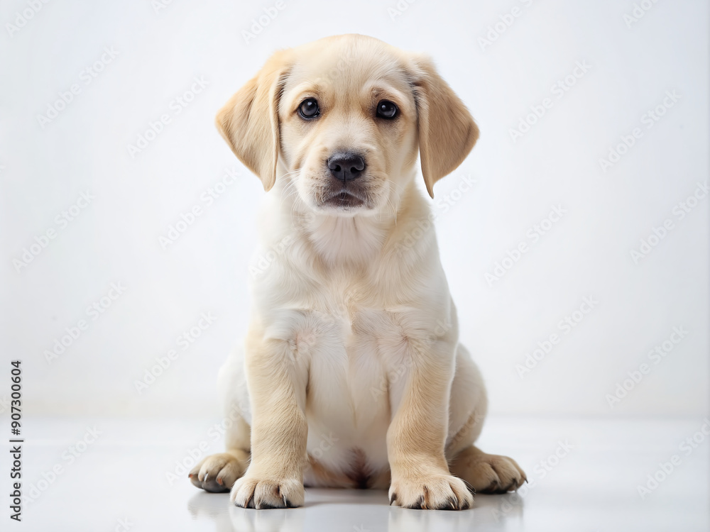 Adorable light Labrador retriever puppy with floppy ears and big brown eyes sits alone on a clean white background, looking straight at camera sweetly. Adorable light Labrador retriever puppy with floppy ears and big brown eyes sits alone on a clean white background, looking straight at camera sweetly.