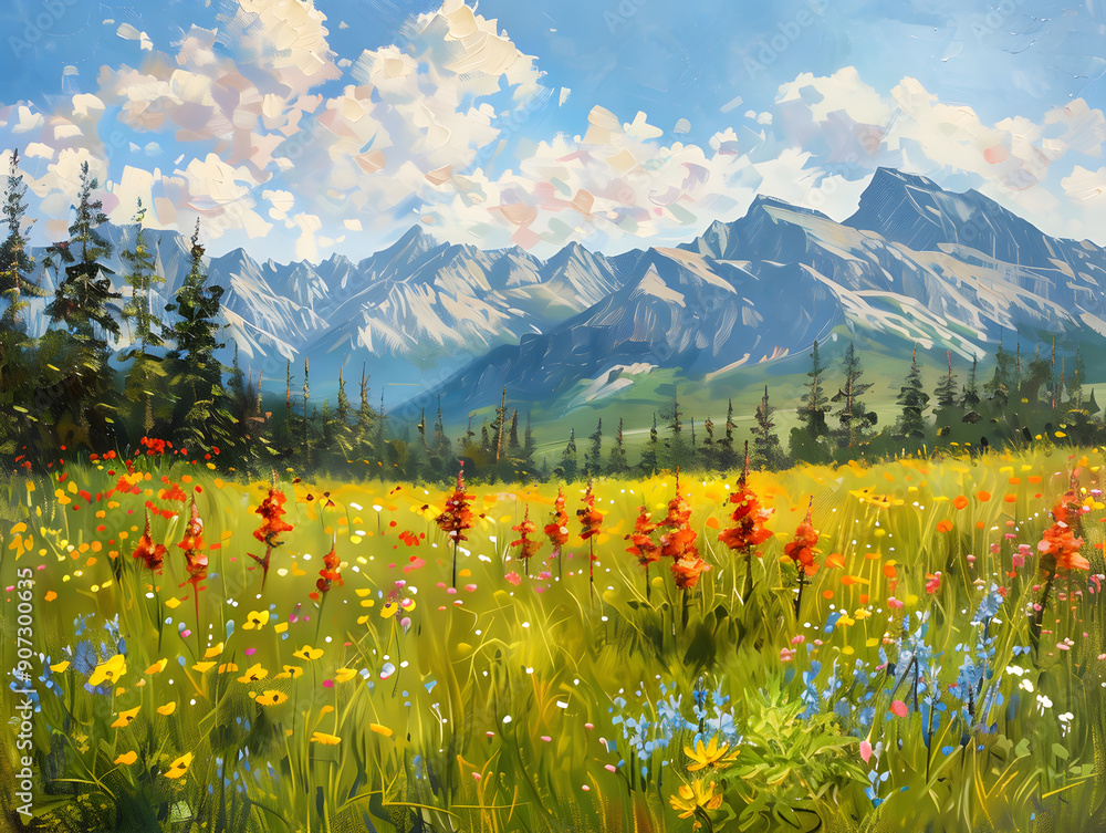Fototapeta premium Alpine meadow with mountain flowers 43 background illustration