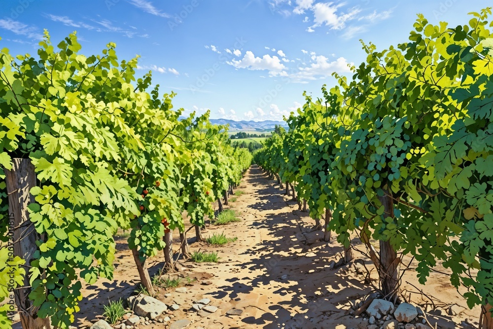 Lush vineyard under a clear blue sky, capturing the essence of agriculture and scenic beauty. Lush vineyard under a clear blue sky, capturing the essence of agriculture and scenic beauty.