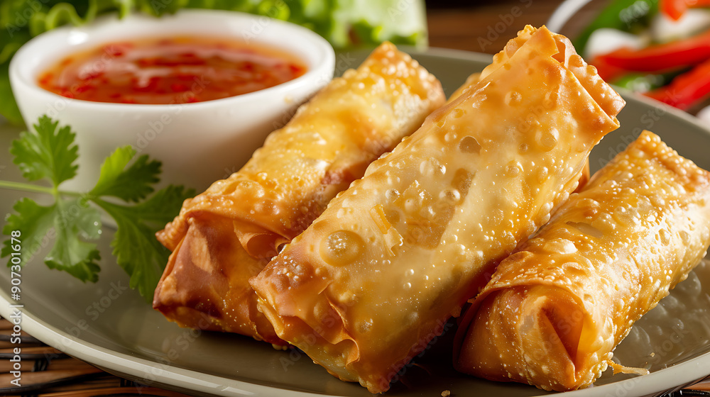 Crispy spring rolls served with a spicy dipping sauce, a perfect appetizer for any occasion. Crispy spring rolls served with a spicy dipping sauce, a perfect appetizer for any occasion.