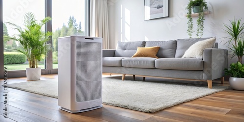 Sleek white air purifier stands alone in a modern living room, effortlessly cleansing the air, promoting a healthy indoor environment and well-being.