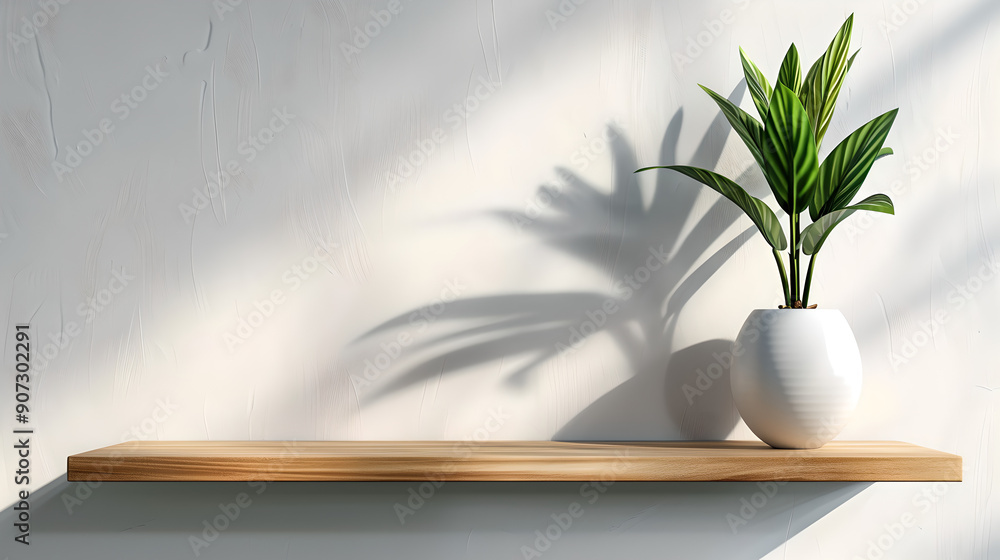 A simple white planter holding a vibrant green plant, casting elegant shadows on a minimalist wooden shelf. A simple white planter holding a vibrant green plant, casting elegant shadows on a minimalist wooden shelf.