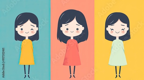 Minimalist cartoon girl with clear happy and sad faces on a uniformly colored background. Ideal for straightforwardly expressing a range of emotions. photo