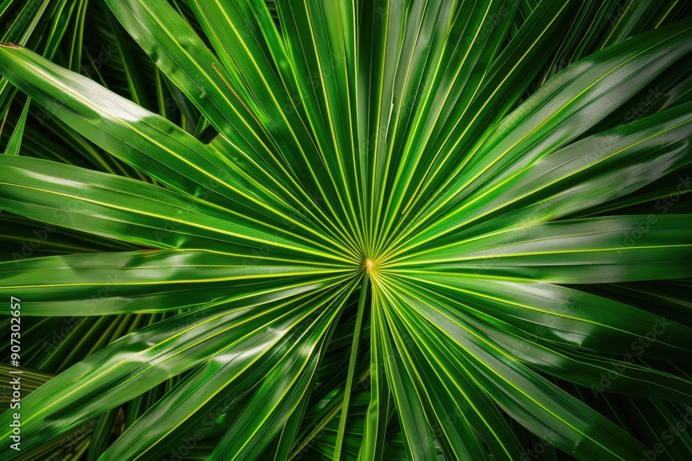 Close-up shot of a green palm leaf with intricate details Close-up shot of a green palm leaf with intricate details
