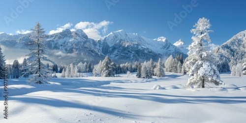 Pictures featuring vast landscapes blanketed in snow, often with trees and mountains in the background.