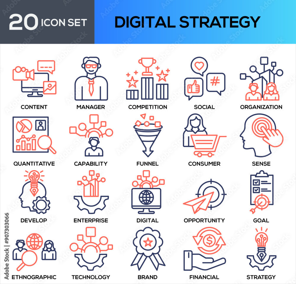 Fototapeta premium DIGITAL STRATEGY OUTLINE COLOR ICON COLLECTION