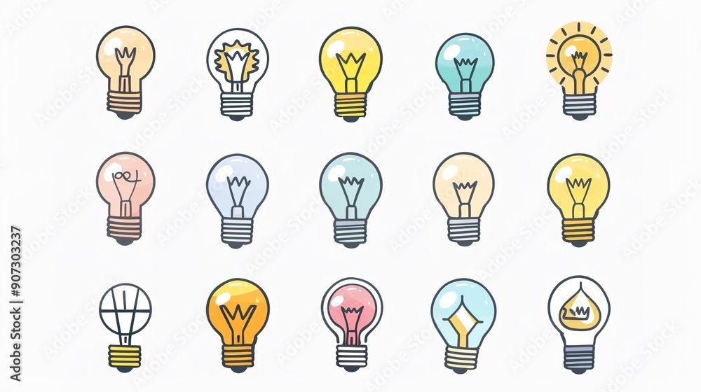 A Set of Light Bulb Icons on a White Background: Symbols Representing Ideas, Innovation, and Creative Thinking in Various Styles A Set of Light Bulb Icons on a White Background: Symbols Representing Ideas, Innovation, and Creative Thinking in Various Styles