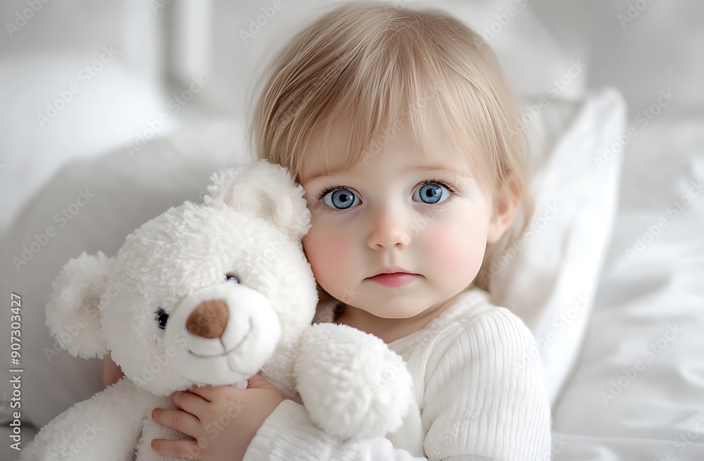 A sweet girl with blue eyes hugs her fluffy teddy bear in a bright, cozy setting A sweet girl with blue eyes hugs her fluffy teddy bear in a bright, cozy setting