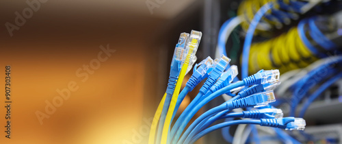 Obraz na płótnie Lots of RJ45 UTP Cat6 LAN internet network cable fiber optic and Ethernet cables for computer data link connect cloud computing server networking devices system switch wifi or hub router