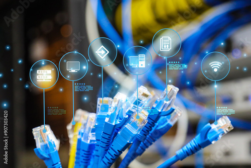 Photos LAN internet network cable with computer data link connect cloud computing server icons for fiber optic and Ethernet cables for networking devices system switch wifi or hub router