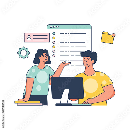 A man and a woman are working at a computer with a sign that says a