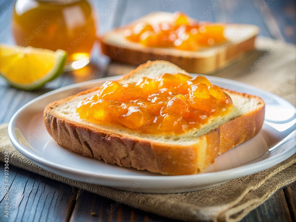 A delicious slice of bread with a generous helping of vibrant orange marmalade on a crisp white plate against a soft, blurred background. A delicious slice of bread with a generous helping of vibrant orange marmalade on a crisp white plate against a soft, blurred background.