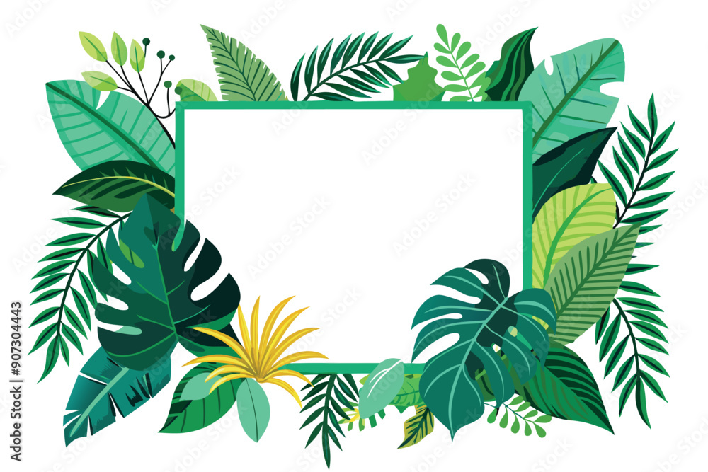 Fototapeta premium Green Tropical Leaves Frame with White Space for Text