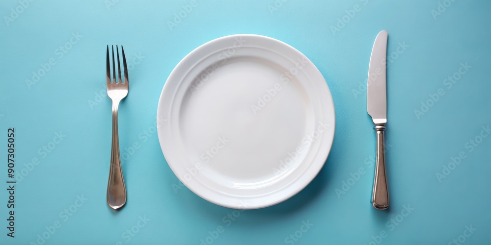 Plain white plate with knife and fork silverware next to it, on a light blue background. Generative ai. Plain white plate with knife and fork silverware next to it, on a light blue background. Generative ai.