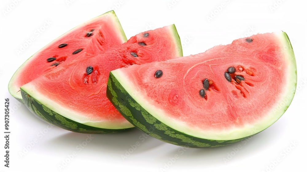 A Fresh Watermelon on a White Background: Vibrant Fruit with Juicy Red Flesh and Green Rind A Fresh Watermelon on a White Background: Vibrant Fruit with Juicy Red Flesh and Green Rind