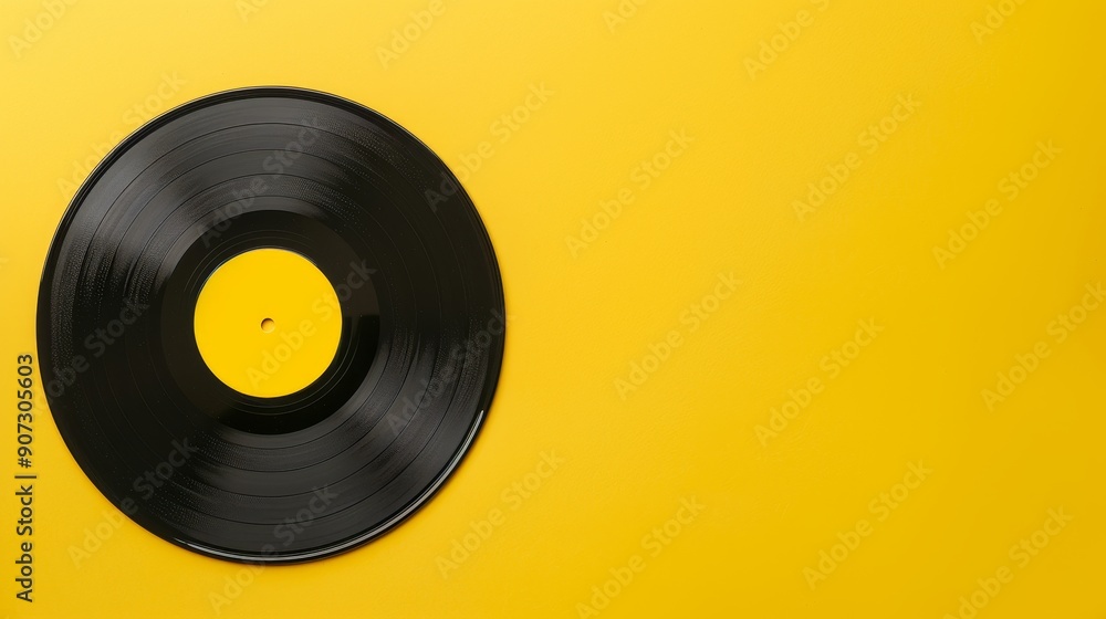 A vinyl record on a yellow background, ample spaced A vinyl record on a yellow background, ample spaced