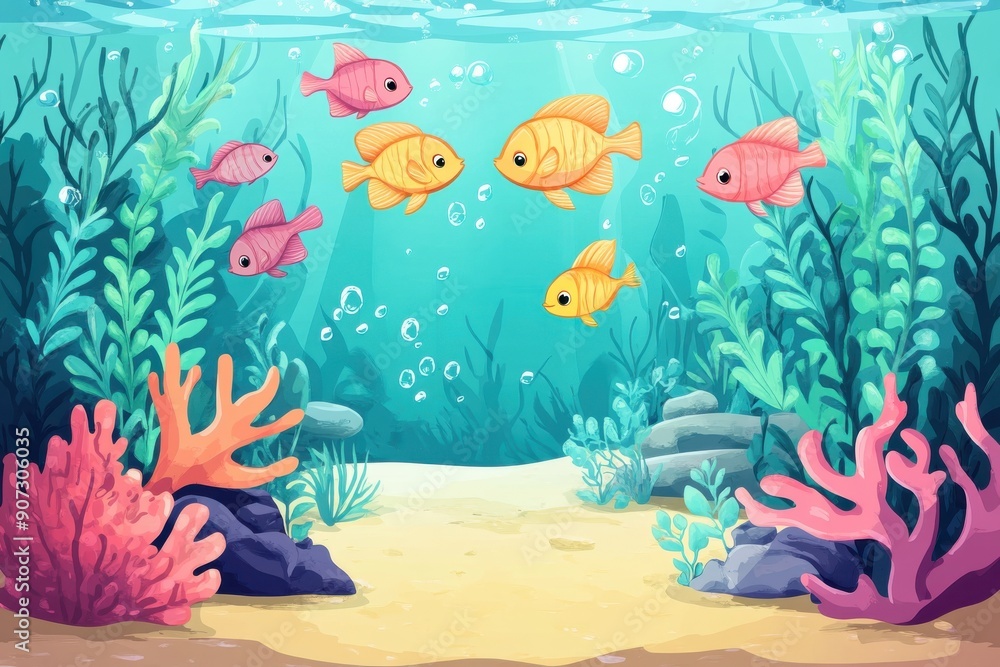 Obraz premium Colorful underwater scene with vibrant fish swimming among lush coral and seaweed, showcasing marine life and ocean beauty.