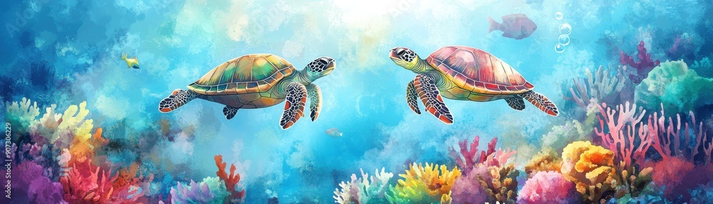 Obraz premium Two vibrant sea turtles swim gracefully amidst colorful coral reefs, showcasing the beauty of marine life in a serene underwater scene.