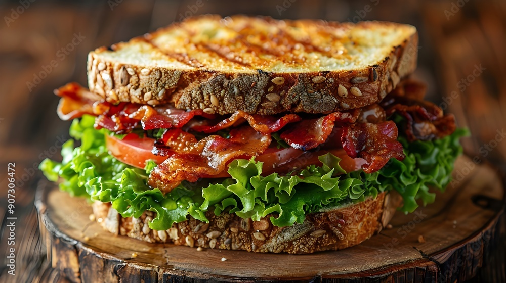 A sandwich with bacon and lettuce on a wooden table A sandwich with bacon and lettuce on a wooden table