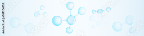 Molecules inside bubbles on blue background. Collagen serum bubble. Cosmetic essence. Concept skin care cosmetics solution.