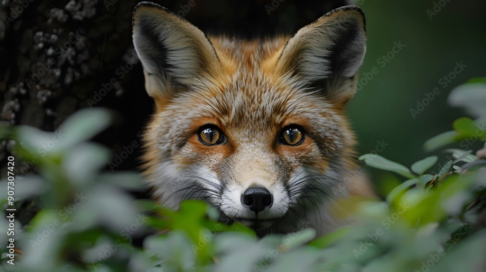 Fototapeta premium A fox is peeking out from behind some leaves
