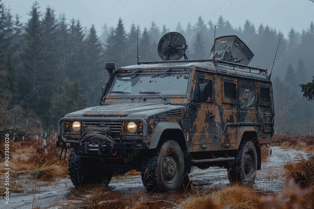 Military vehicle with satellite dish for radio signal interception and ...