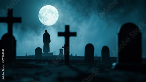 Shadowy character in a desolate, moonlit cemetery, surrounded by decaying gravestones and mist, under a Halloween night sky