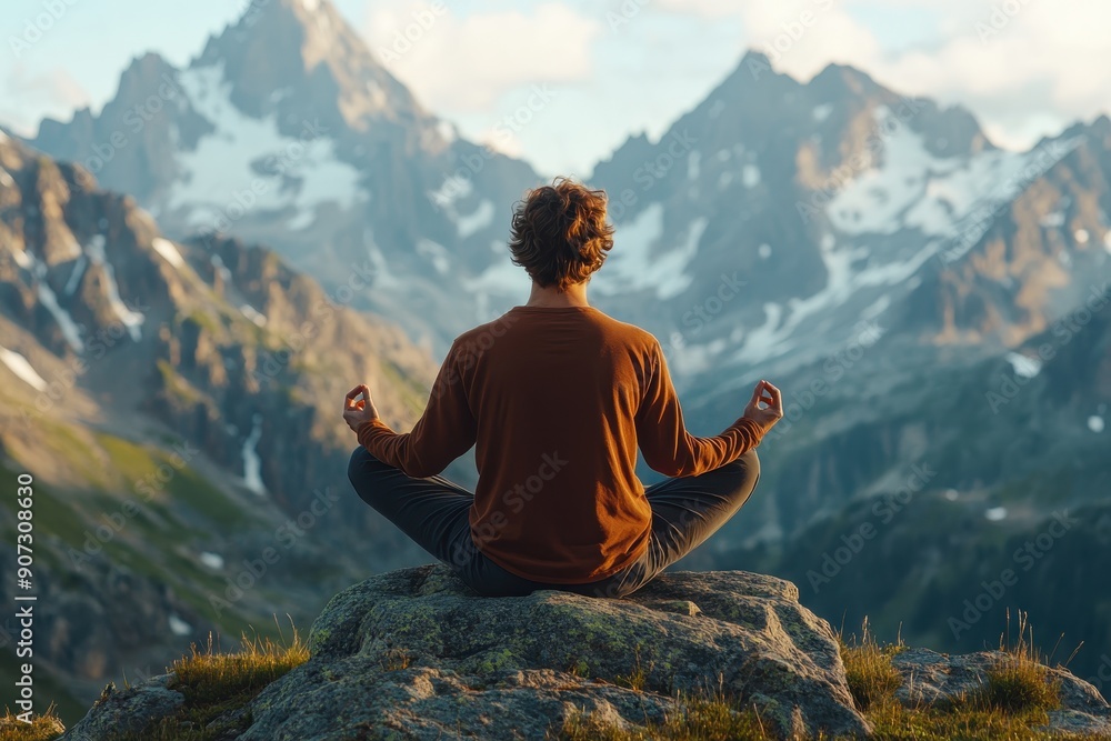 Serene Silhouette of a Man Meditating on a Mountain Rock for Inner Peace and Tranquility Serene Silhouette of a Man Meditating on a Mountain Rock for Inner Peace and Tranquility