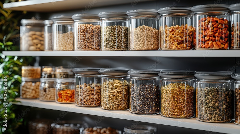 Organized Pantry with Assorted Grains, Nuts, and Spices in Glass Jars on Shelves in a Modern Kitchen Organized Pantry with Assorted Grains, Nuts, and Spices in Glass Jars on Shelves in a Modern Kitchen