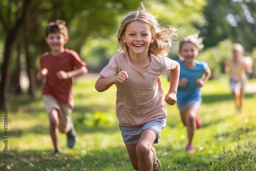 Carefree Children Running in Whimsical Park Setting, Enjoying Stress-Free Moments Surrounded by Nature Carefree Children Running in Whimsical Park Setting, Enjoying Stress-Free Moments Surrounded by Nature