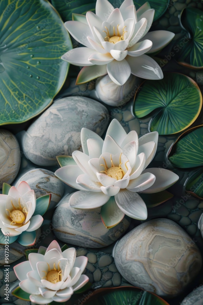 A group of water lilies floating on the surface of a river, surrounded by calm waters A group of water lilies floating on the surface of a river, surrounded by calm waters