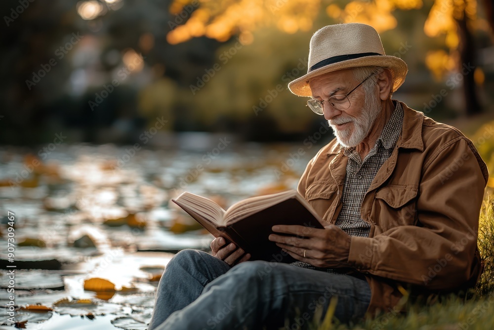 Serene Senior Reading by Tranquil Pond - Finding Peace and Harmony with Nature in Realistic Fusion (Copy Space, Pond Background) Serene Senior Reading by Tranquil Pond - Finding Peace and Harmony with Nature in Realistic Fusion (Copy Space, Pond Background)