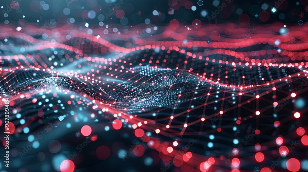 Obraz premium Futuristic Data Technology Illustration with Hyperrealistic 3D Landscape, Big Data Visualization, and Abstract Digital Background at 8k Resolution, Highlighted by a Vibrant Pink Color Scheme