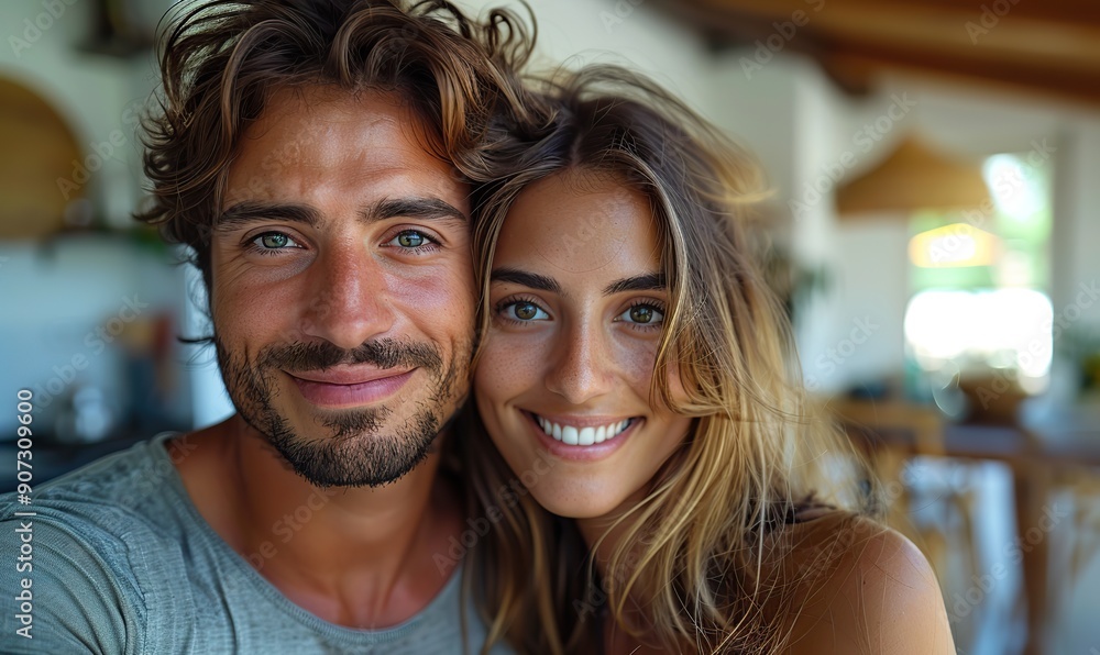A happy couple takes a selfie at home, capturing the moment as they move into their new house and start a new chapter together. A happy couple takes a selfie at home, capturing the moment as they move into their new house and start a new chapter together.