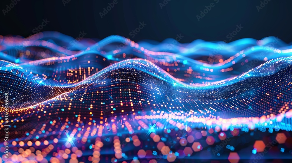 Fototapeta premium Futuristic Data Technology Wave Illustration: 3D Tech Landscape with Big Data Visualization, Hyperrealistic 8k Abstract Digital Background in Blue