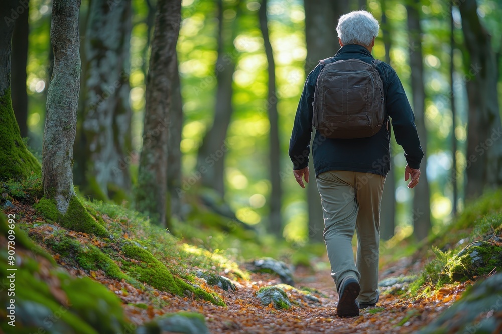 Serene Senior Finding Peace in Nature - Tranquil Elderly Person Walking Amidst Lush Forest Landscape with Copyspace Serene Senior Finding Peace in Nature - Tranquil Elderly Person Walking Amidst Lush Forest Landscape with Copyspace