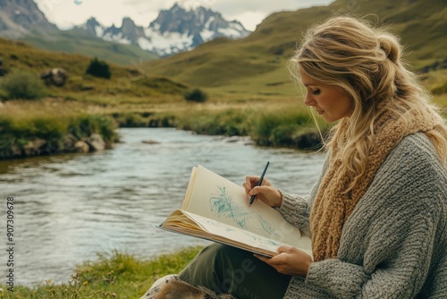 Ethereal Creativity: Woman Sketching Mindfully by Riverside Backdrop photo