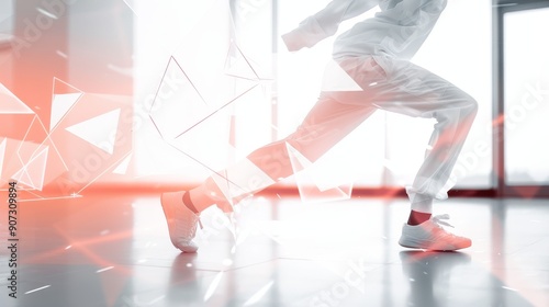 Dynamic hip-hop dancer frozen mid-move in a modern loft, double exposure blending with geometric abstract elements photo